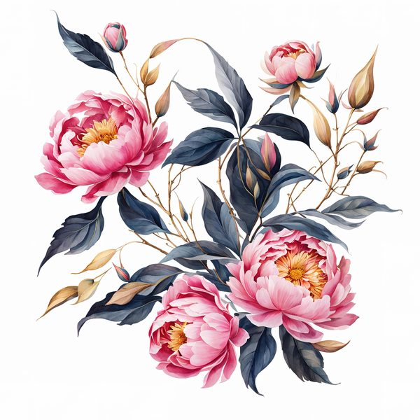 Watercolor Peony Clipart: Celestial Navy & Gold Florals (PNG JPG) — image 1