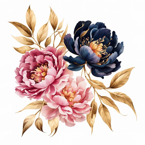 Watercolor Peony Clipart: Celestial Navy & Gold Florals (PNG JPG) — image 2