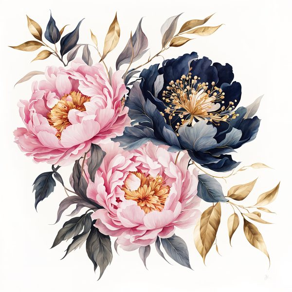 Watercolor Peony Clipart: Celestial Navy & Gold Florals (PNG JPG) — image 3
