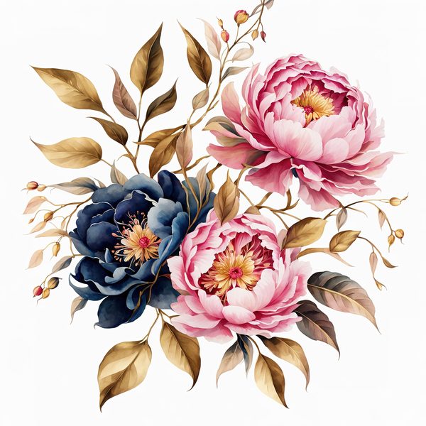 Watercolor Peony Clipart: Celestial Navy & Gold Florals (PNG JPG) — image 9