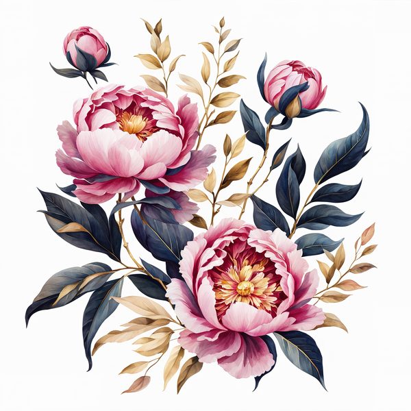 Watercolor Peony Clipart: Celestial Navy & Gold Florals (PNG JPG) — image 10