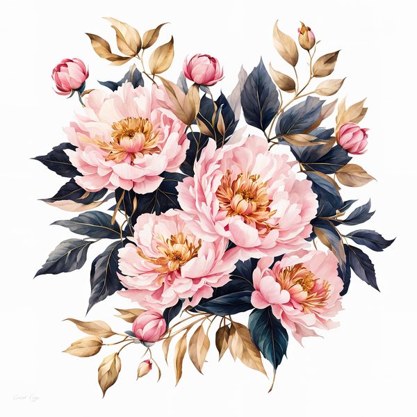 Watercolor Peony Clipart: Celestial Navy & Gold Florals (PNG JPG) — image 11