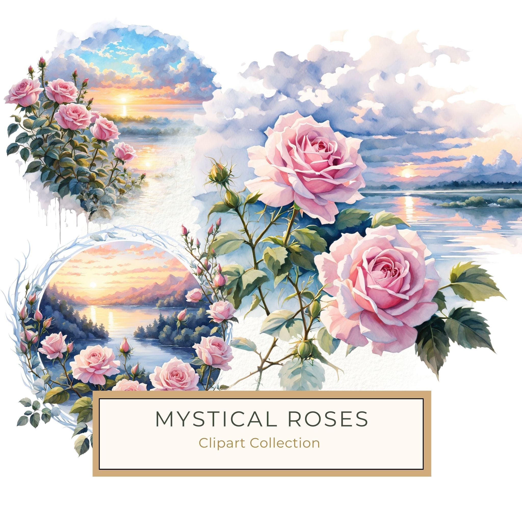 Watercolor Rose Path Clipart: Mystical Floral Art (JPG, PNG)