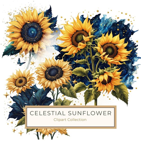 Watercolor Sunflower Clipart: Navy Nebula Background, Gold Accents (PNG JPG Digital Print)