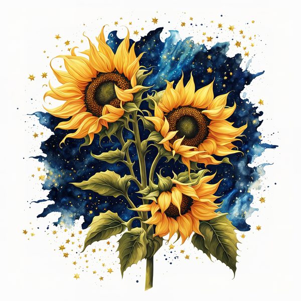 Watercolor Sunflower Clipart: Navy Nebula Background, Gold Accents (PNG JPG Digital Print) — image 1