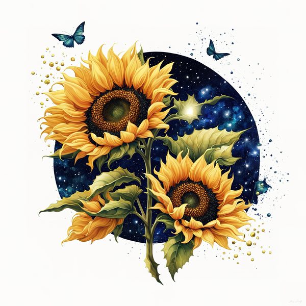 Watercolor Sunflower Clipart: Navy Nebula Background, Gold Accents (PNG JPG Digital Print) — image 2