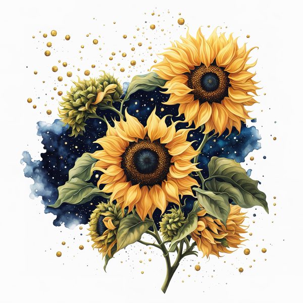 Watercolor Sunflower Clipart: Navy Nebula Background, Gold Accents (PNG JPG Digital Print) — image 3