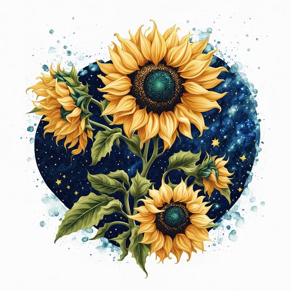 Watercolor Sunflower Clipart: Navy Nebula Background, Gold Accents (PNG JPG Digital Print) — image 4