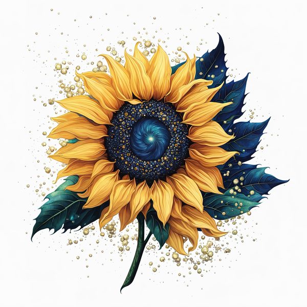 Watercolor Sunflower Clipart: Navy Nebula Background, Gold Accents (PNG JPG Digital Print) — image 5