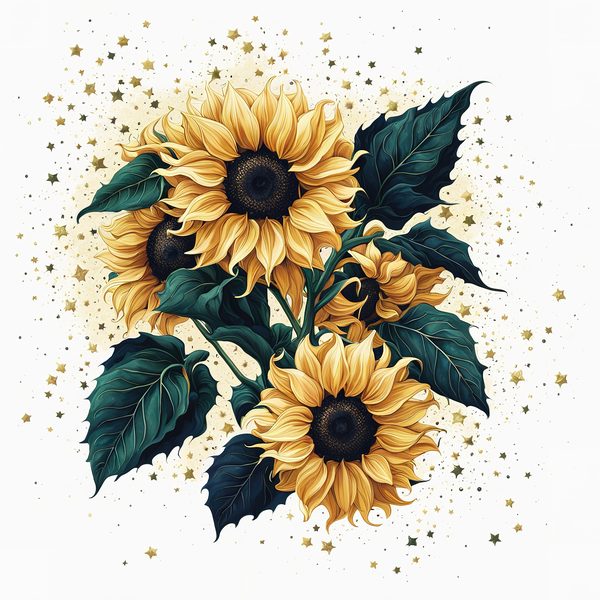 Watercolor Sunflower Clipart: Navy Nebula Background, Gold Accents (PNG JPG Digital Print) — image 6