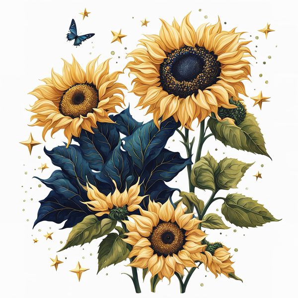 Watercolor Sunflower Clipart: Navy Nebula Background, Gold Accents (PNG JPG Digital Print) — image 7