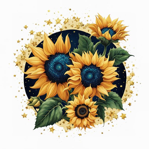 Watercolor Sunflower Clipart: Navy Nebula Background, Gold Accents (PNG JPG Digital Print) — image 8
