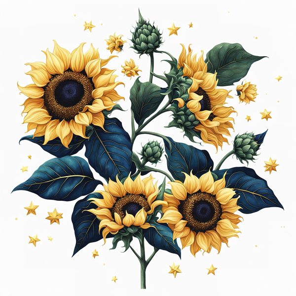 Watercolor Sunflower Clipart: Navy Nebula Background, Gold Accents (PNG JPG Digital Print) — image 9