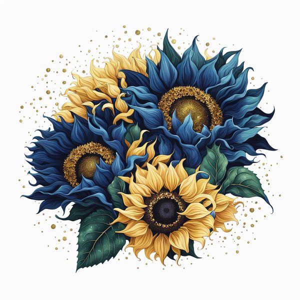 Watercolor Sunflower Clipart: Navy Nebula Background, Gold Accents (PNG JPG Digital Print) — image 10