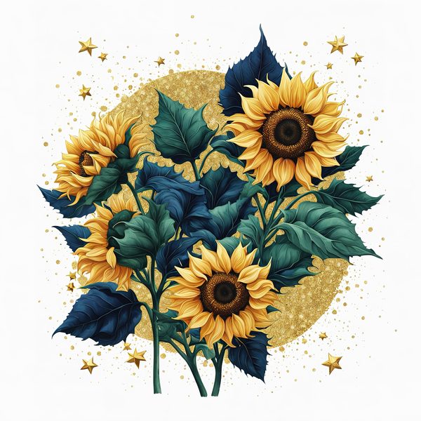 Watercolor Sunflower Clipart: Navy Nebula Background, Gold Accents (PNG JPG Digital Print) — image 11