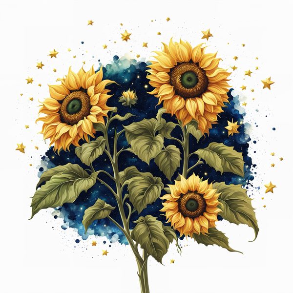 Watercolor Sunflower Clipart: Navy Nebula Background, Gold Accents (PNG JPG Digital Print) — image 12