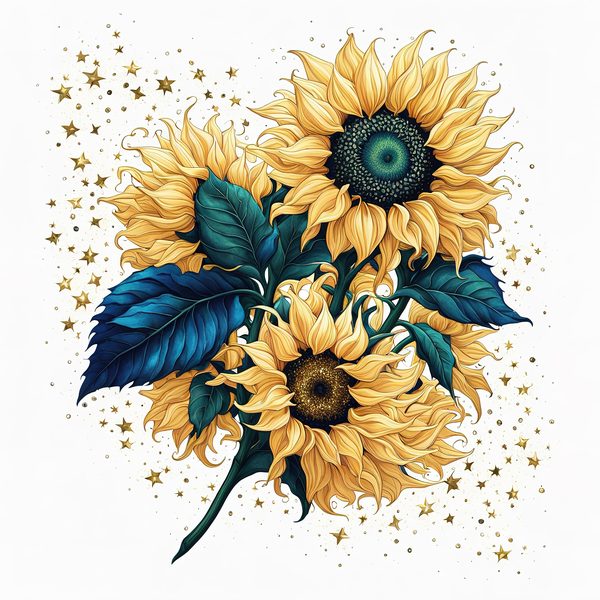 Watercolor Sunflower Clipart: Navy Nebula Background, Gold Accents (PNG JPG Digital Print) — image 13
