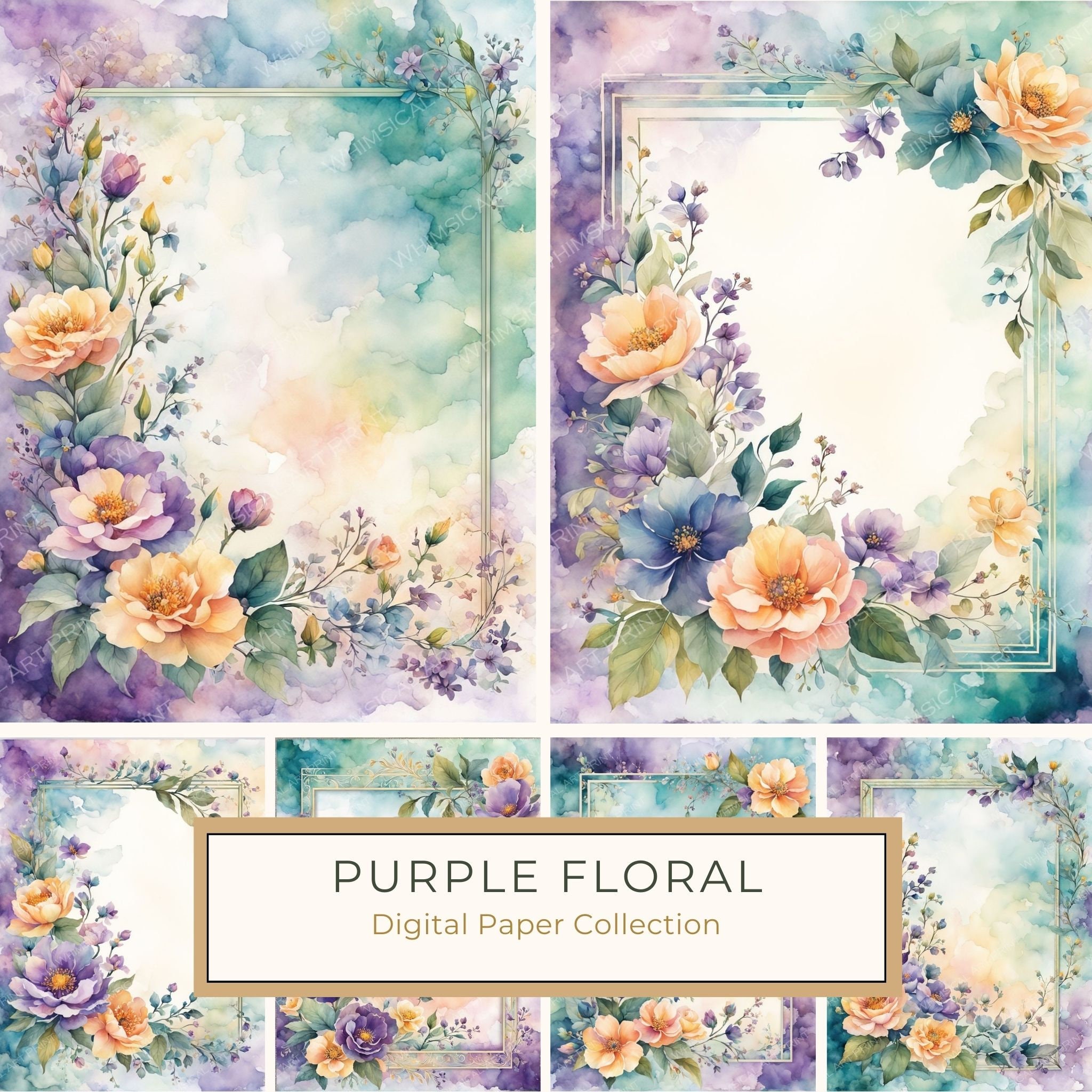 Purple Floral Boho Border Paper Pack: Scrapbook & Card Backgrounds (10 JPGs)