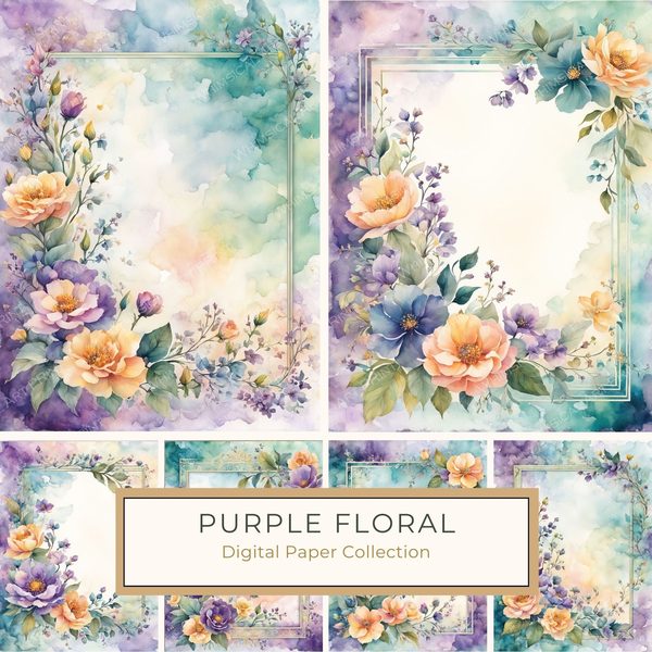 Purple Floral Boho Border Paper Pack: Scrapbook & Card Backgrounds (10 JPGs)