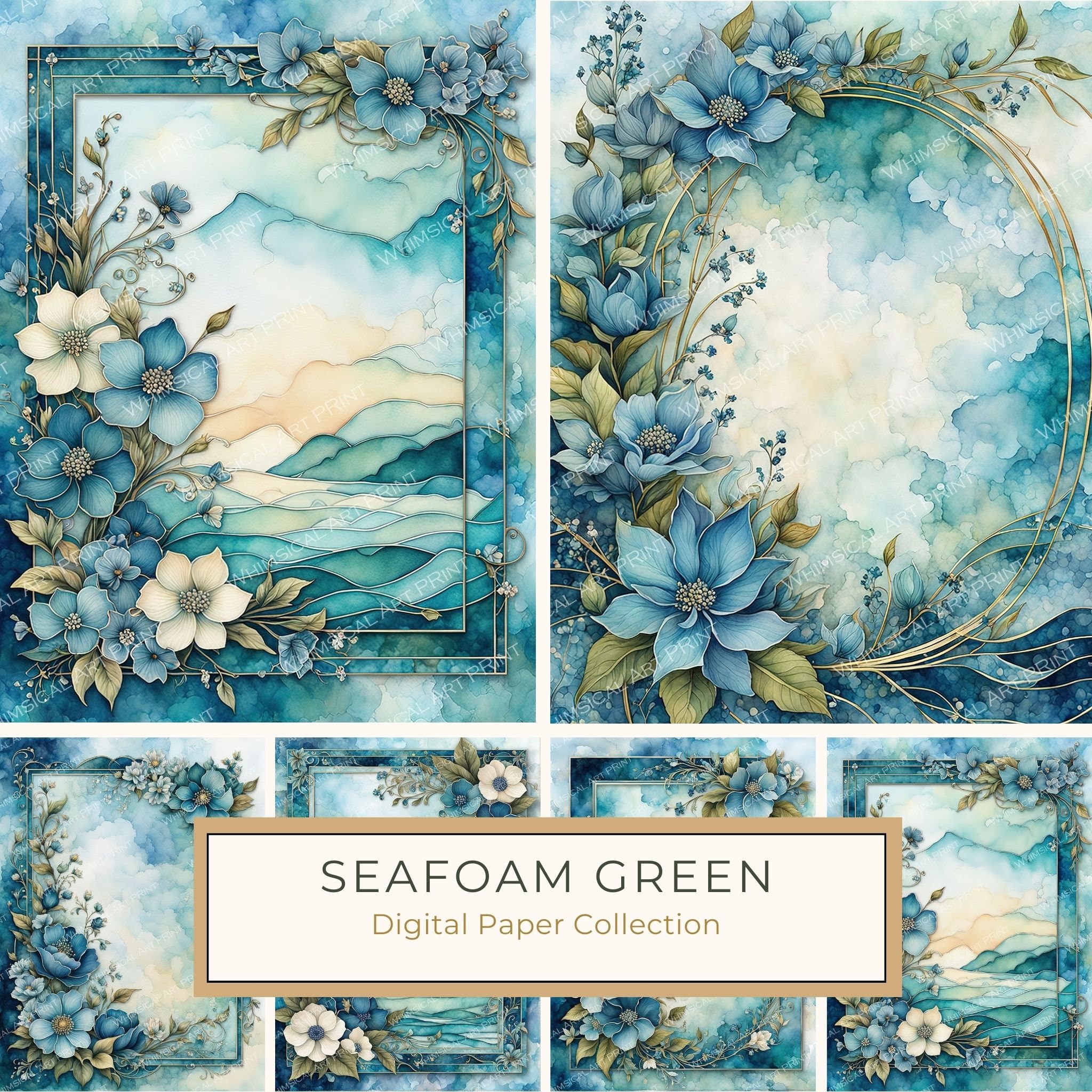 Watercolor Seafoam Green Floral Frames: Digital Paper Pack (10 JPGs)