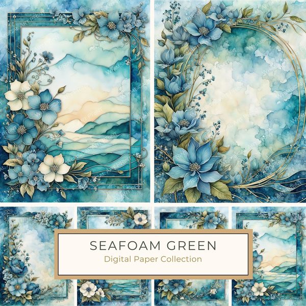 Watercolor Seafoam Green Floral Frames: Digital Paper Pack (10 JPGs)
