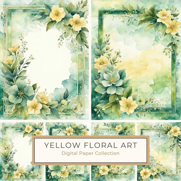 Watercolor Yellow Floral Digital Paper: Botanical Page Border (10 JPGs)