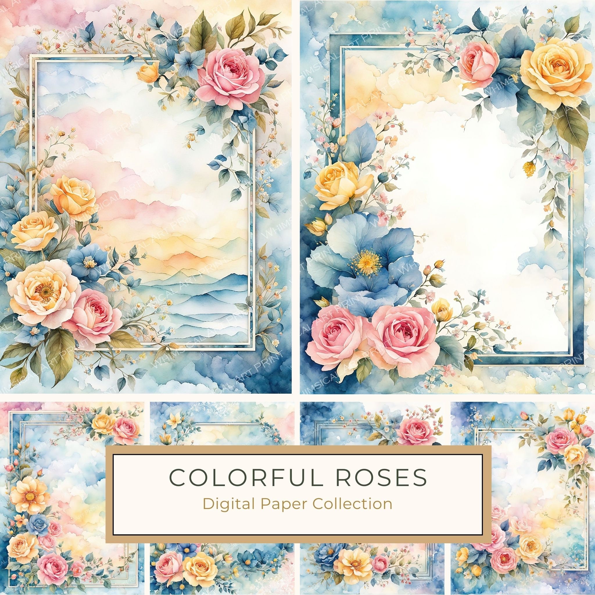 Watercolor Flower Border Digital Paper: Pastel Floral Frames (10 JPGs)