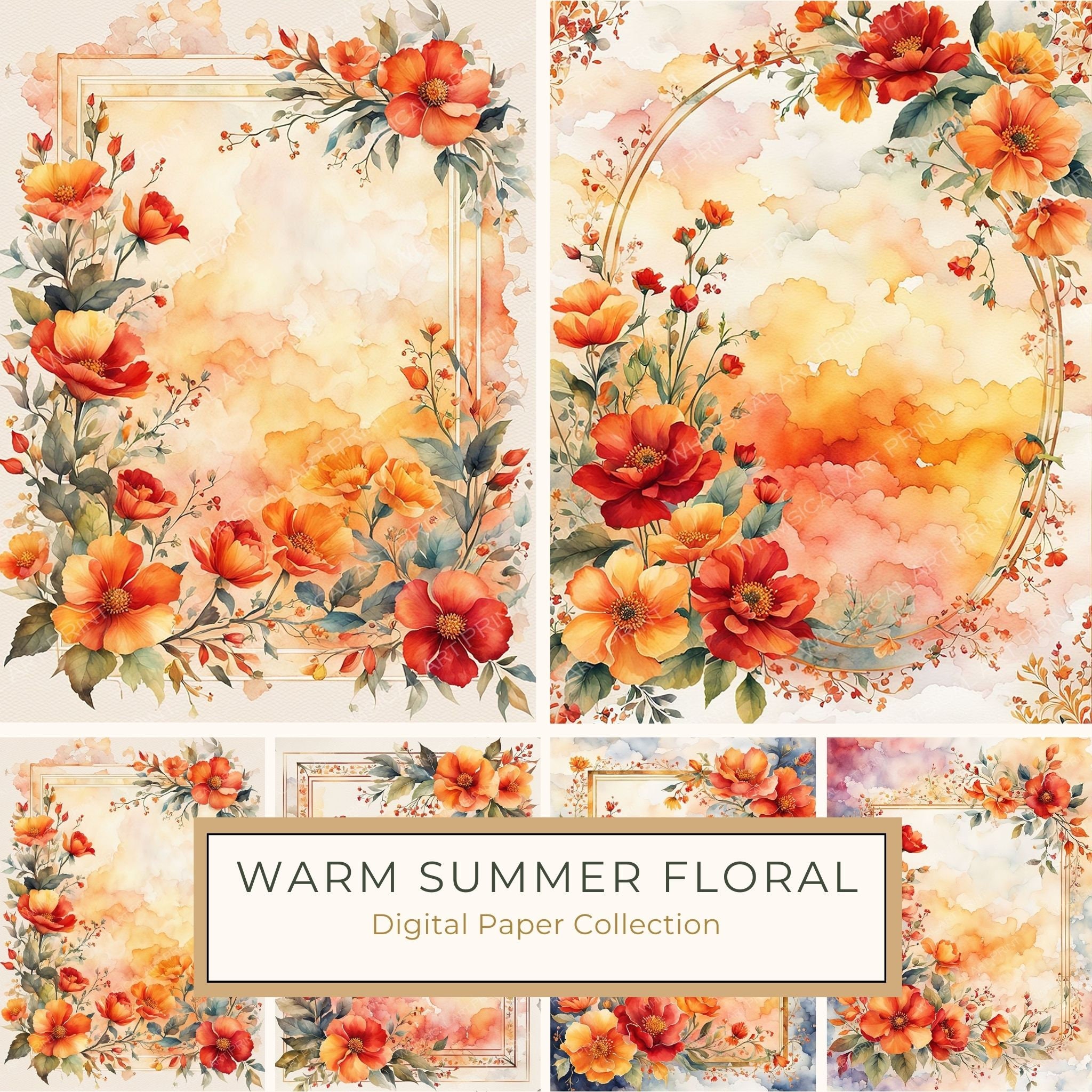 Watercolor Floral Digital Paper Pack: Orange Summer Flowers (10 JPGs)