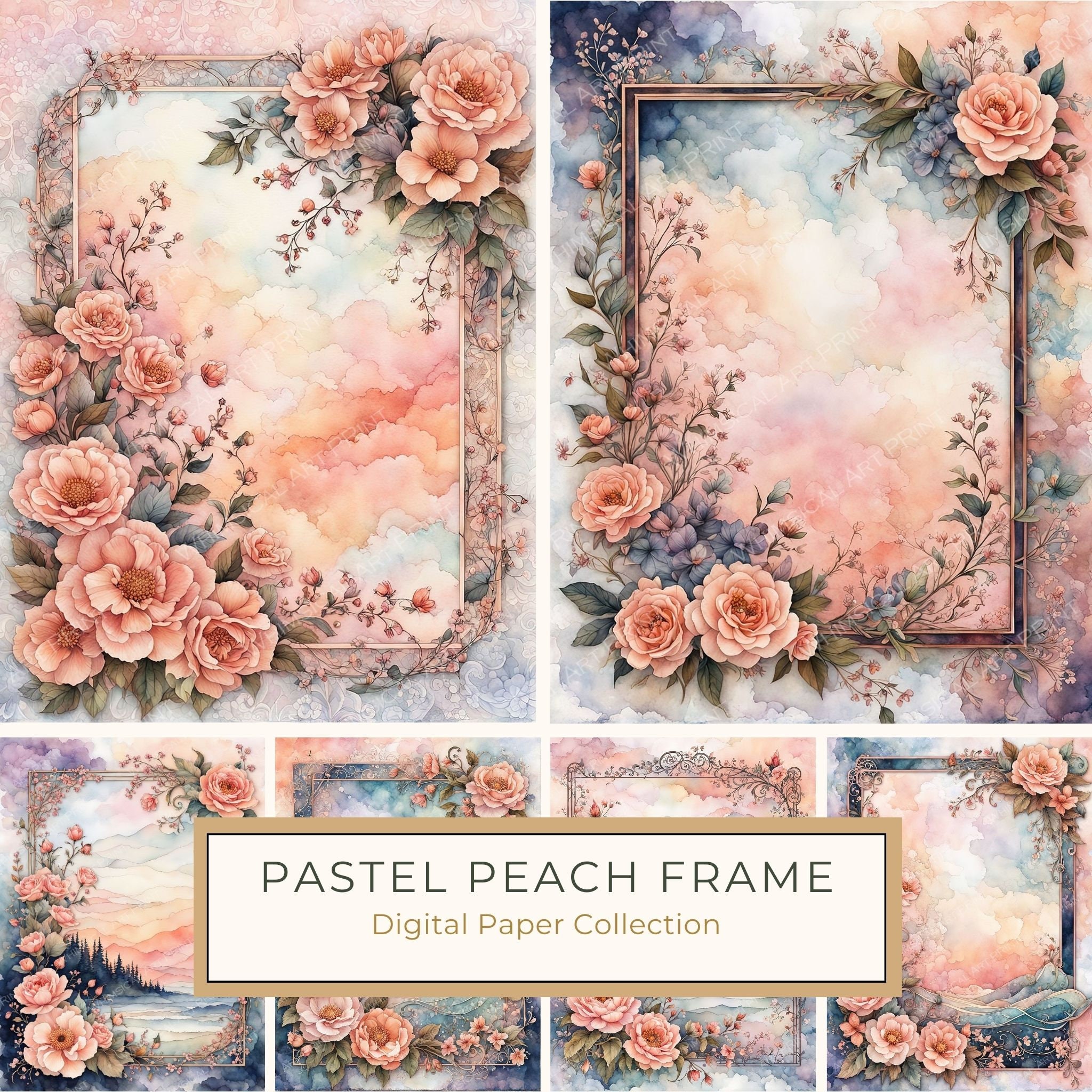 Watercolor Floral Frame Digital Paper: Pastel Peach Botanical Borders (10 JPGs)