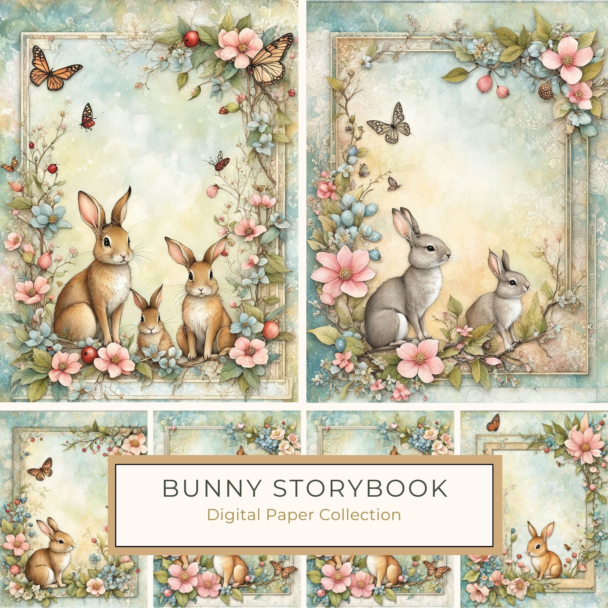 Watercolor Bunny Digital Paper Set: Shabby Chic Floral Frames (Digital Download, Commercial Use)