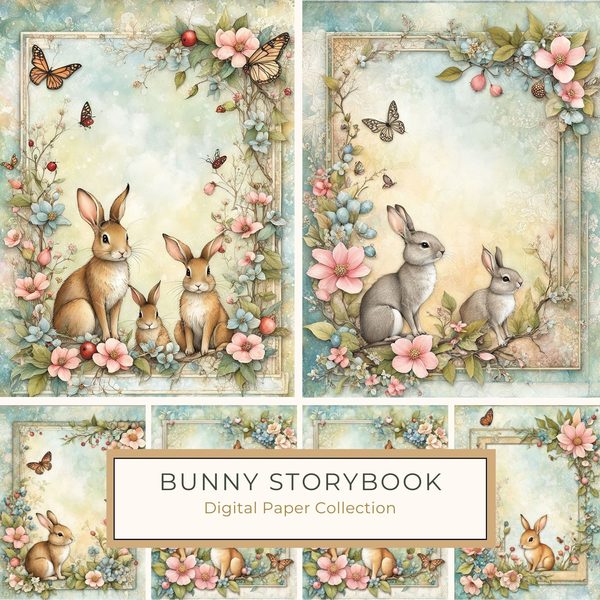 Watercolor Bunny Digital Paper Set: Shabby Chic Floral Frames (Digital Download, Commercial Use)