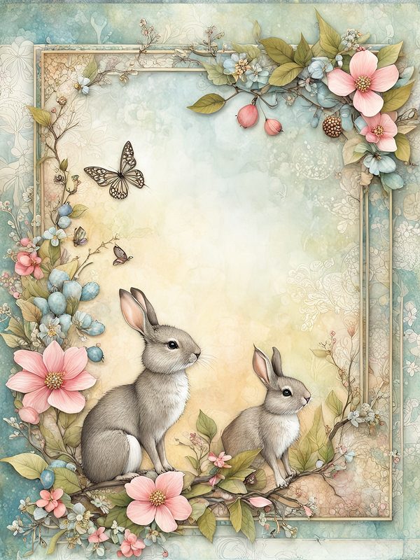 Watercolor Bunny Digital Paper Set: Shabby Chic Floral Frames (Digital Download, Commercial Use) — image 1