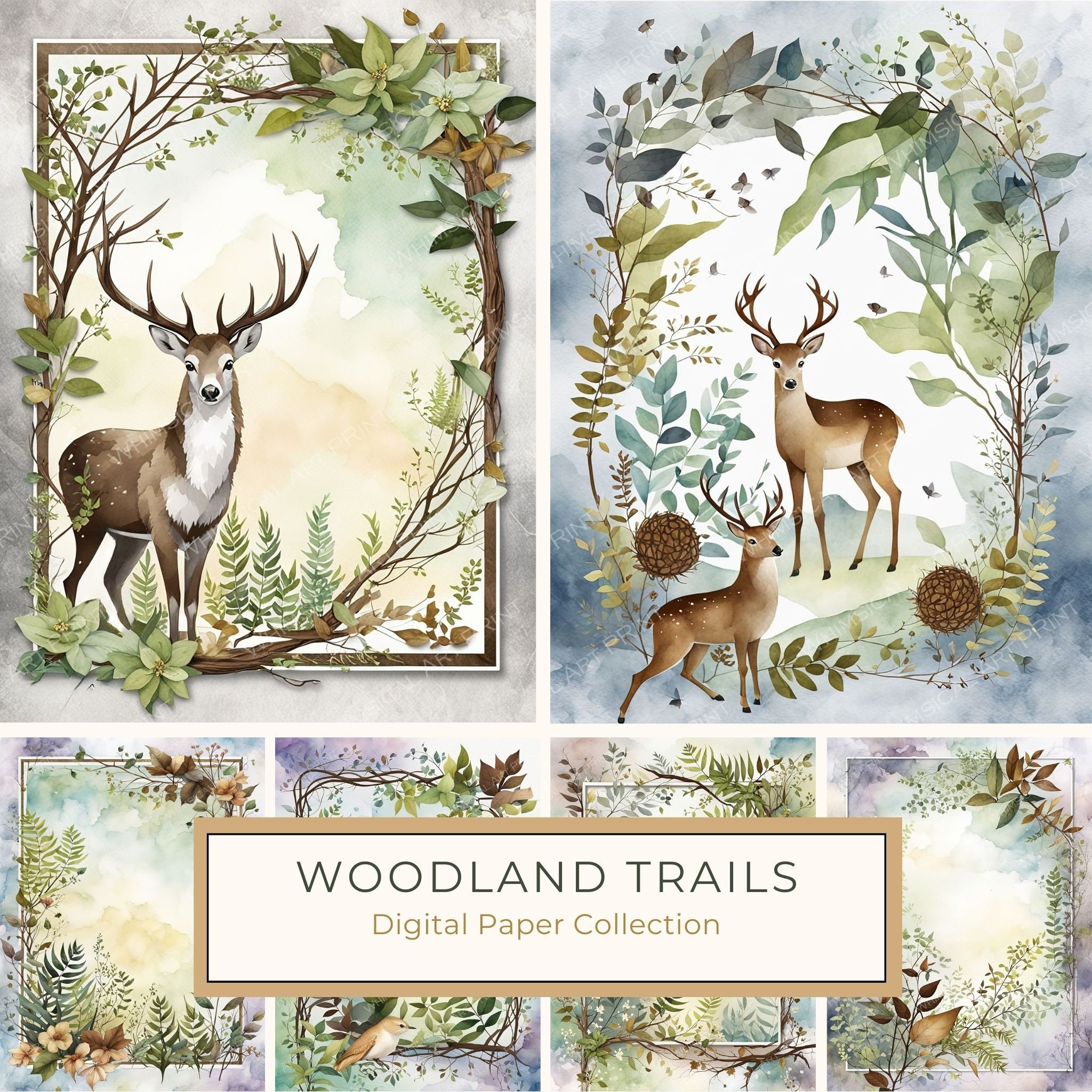 Watercolor Woodland Deer: Botanical Frame Digital Paper Set (10 JPGs)