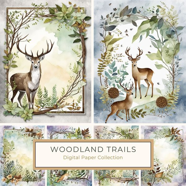 Watercolor Woodland Deer: Botanical Frame Digital Paper Set (10 JPGs)