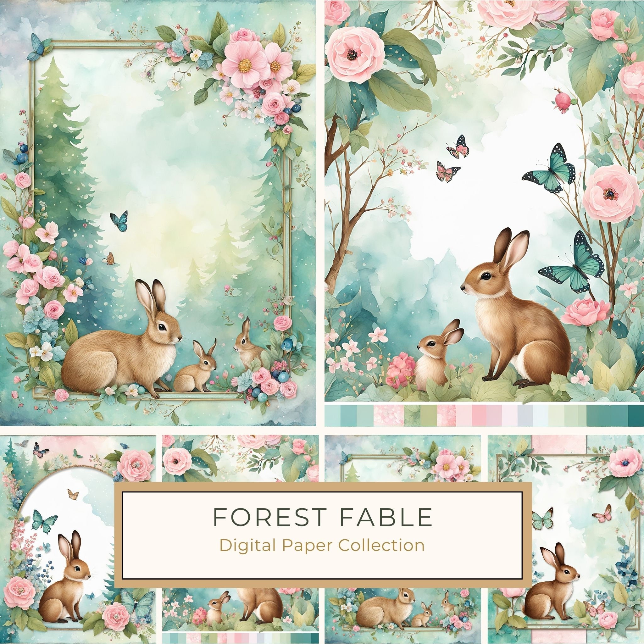 Watercolor Woodland Bunny Digital Paper Set: Shabby Chic Floral Frame (10 JPGs)