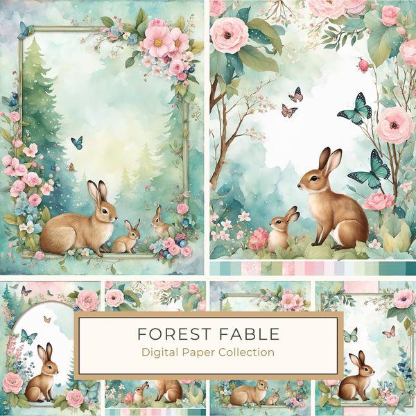 Watercolor Woodland Bunny Digital Paper Set: Shabby Chic Floral Frame (10 JPGs)