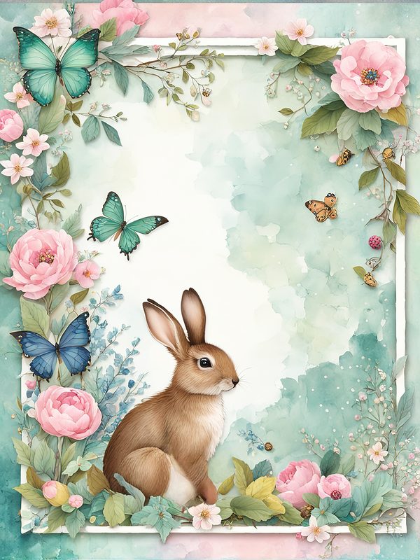 Watercolor Woodland Bunny Digital Paper Set: Shabby Chic Floral Frame (10 JPGs) — image 1