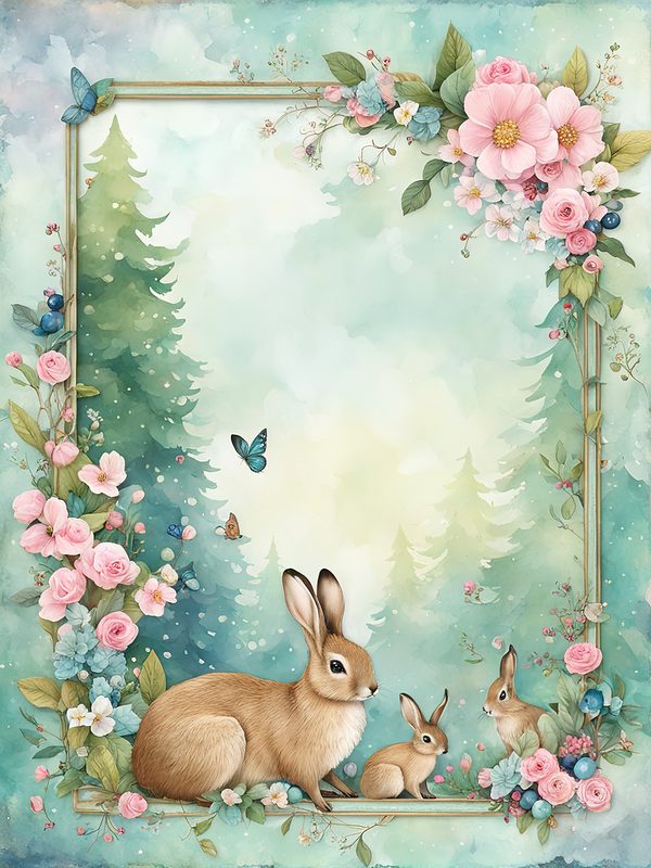 Watercolor Woodland Bunny Digital Paper Set: Shabby Chic Floral Frame (10 JPGs) — image 2