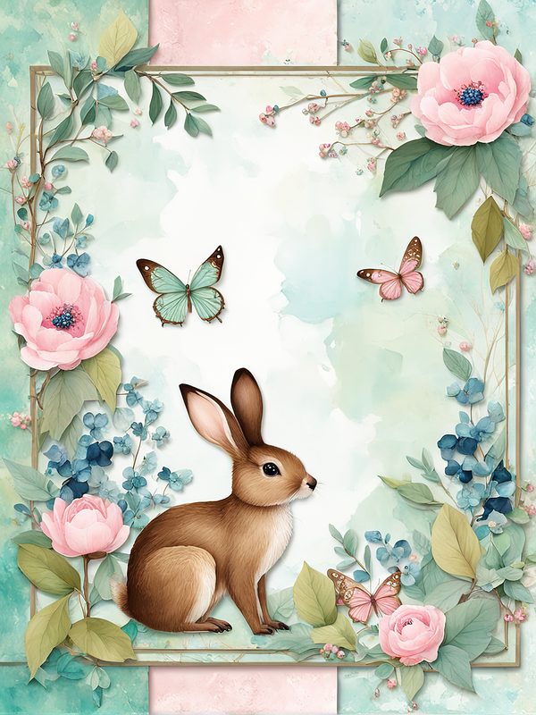 Watercolor Woodland Bunny Digital Paper Set: Shabby Chic Floral Frame (10 JPGs) — image 4