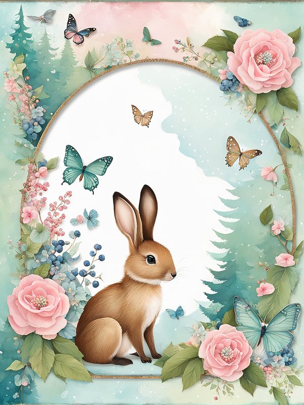 Watercolor Woodland Bunny Digital Paper Set: Shabby Chic Floral Frame (10 JPGs) — image 5
