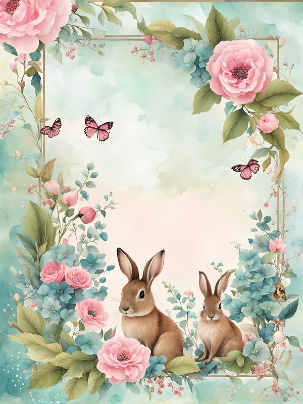 Watercolor Woodland Bunny Digital Paper Set: Shabby Chic Floral Frame (10 JPGs) — image 6