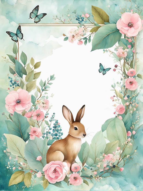 Watercolor Woodland Bunny Digital Paper Set: Shabby Chic Floral Frame (10 JPGs) — image 7