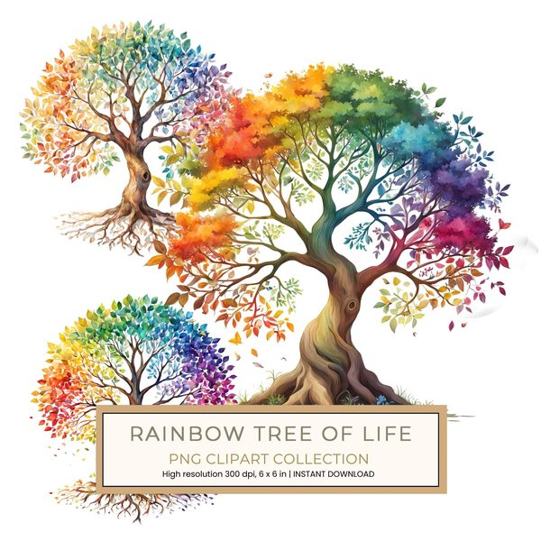 Watercolor Rainbow Tree Clipart: Minimalist Tree Graphic Art (JPG, PNG)