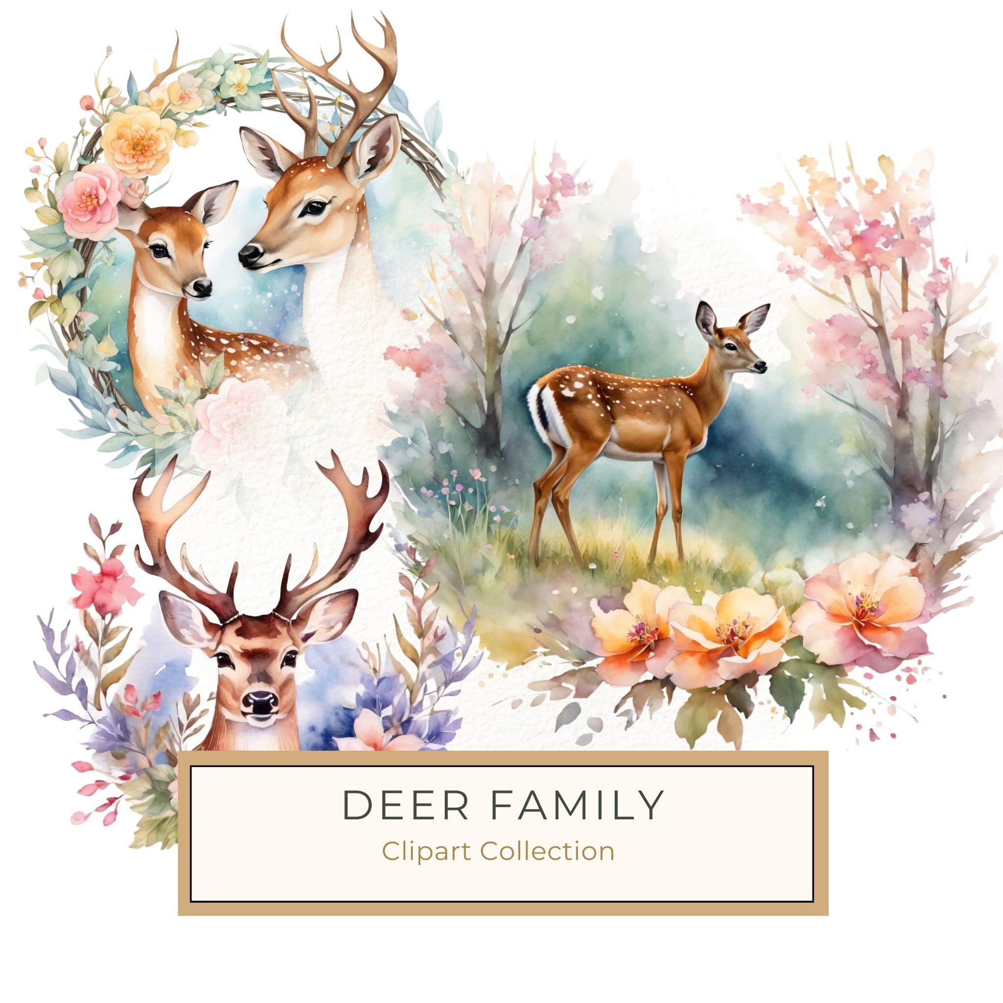 Watercolor Deer Family Clipart: Boho Floral PNG & JPG (Digital Download, Commercial Use)