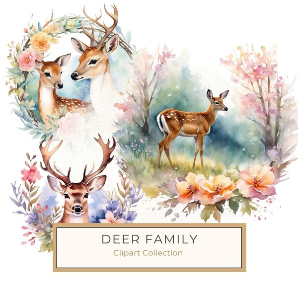 Watercolor Deer Family Clipart: Boho Floral PNG & JPG (Digital Download, Commercial Use)