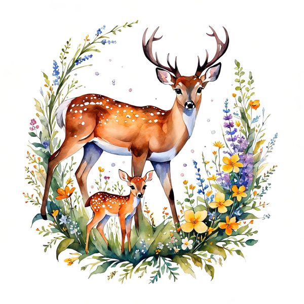 Watercolor Deer Family Clipart: Boho Floral PNG & JPG (Digital Download, Commercial Use) — image 1