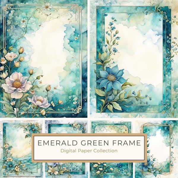 Watercolor Floral Frame Digital Paper: Emerald Green Page Borders (10 JPGs)