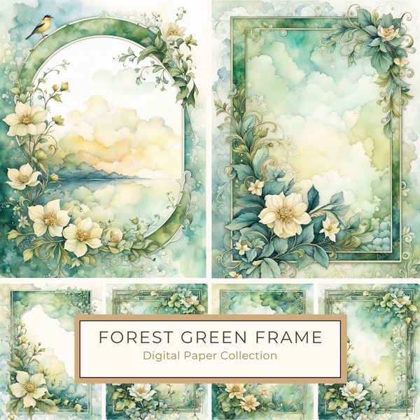 Watercolor Floral Frame Digital Paper: Forest Green Botanical Borders (10 JPGs)