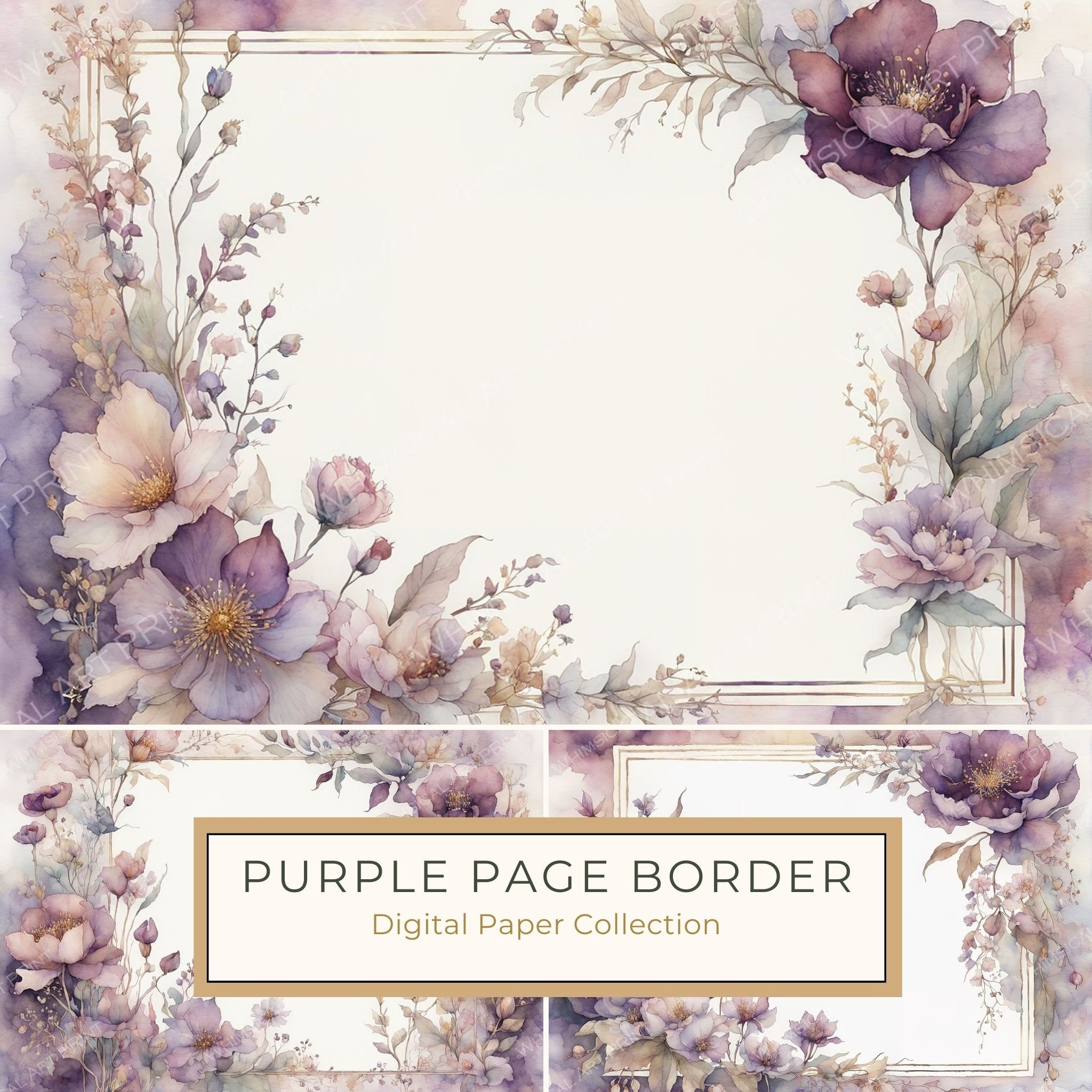 Purple Floral Watercolor Paper: Scrapbook Art Borders (10 JPGs, Digital Download, Commercial Use)