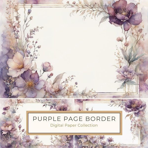 Purple Floral Watercolor Paper: Scrapbook Art Borders (10 JPGs, Digital Download, Commercial Use)